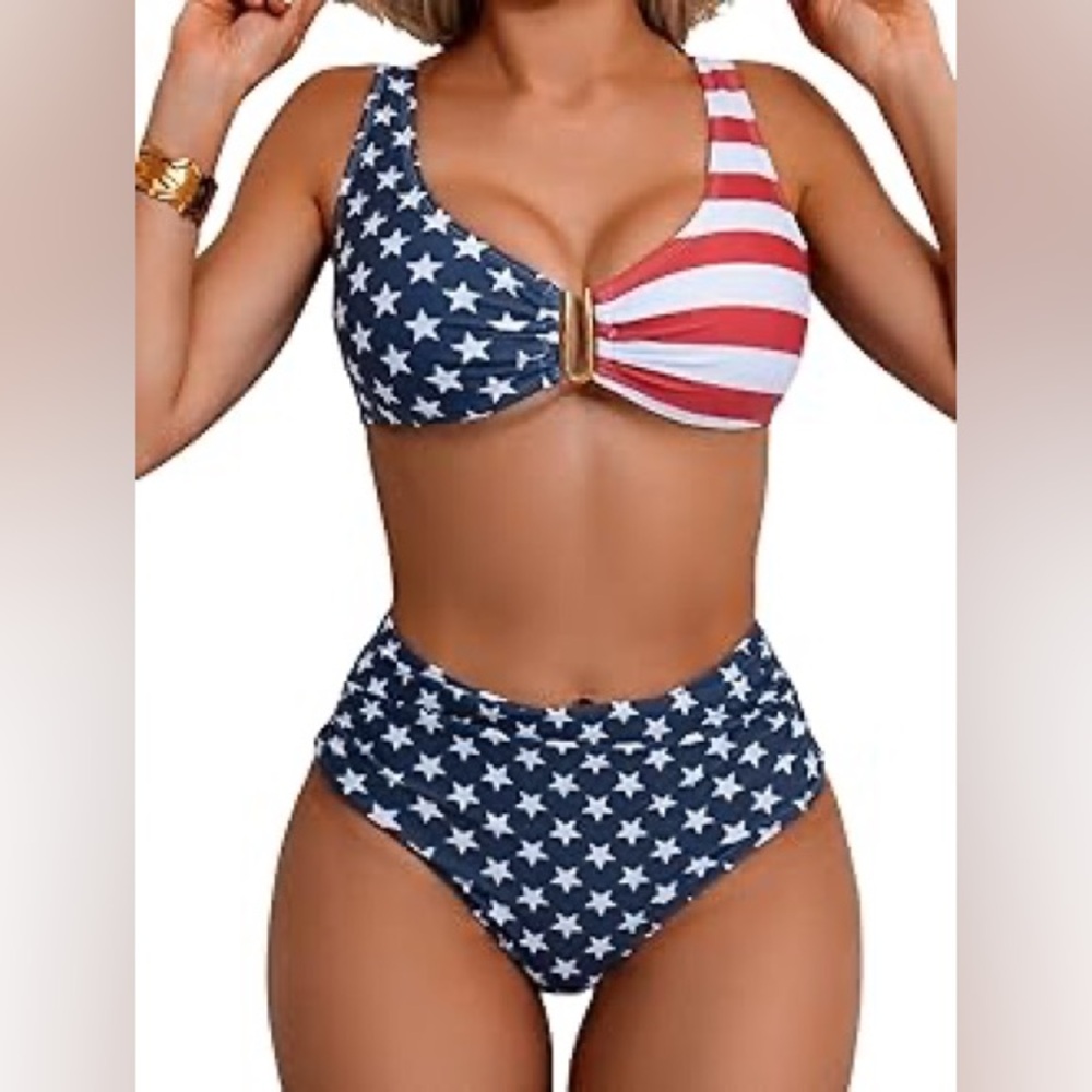High-Waist American Flag Print Bikini Set - Red, White & Blue